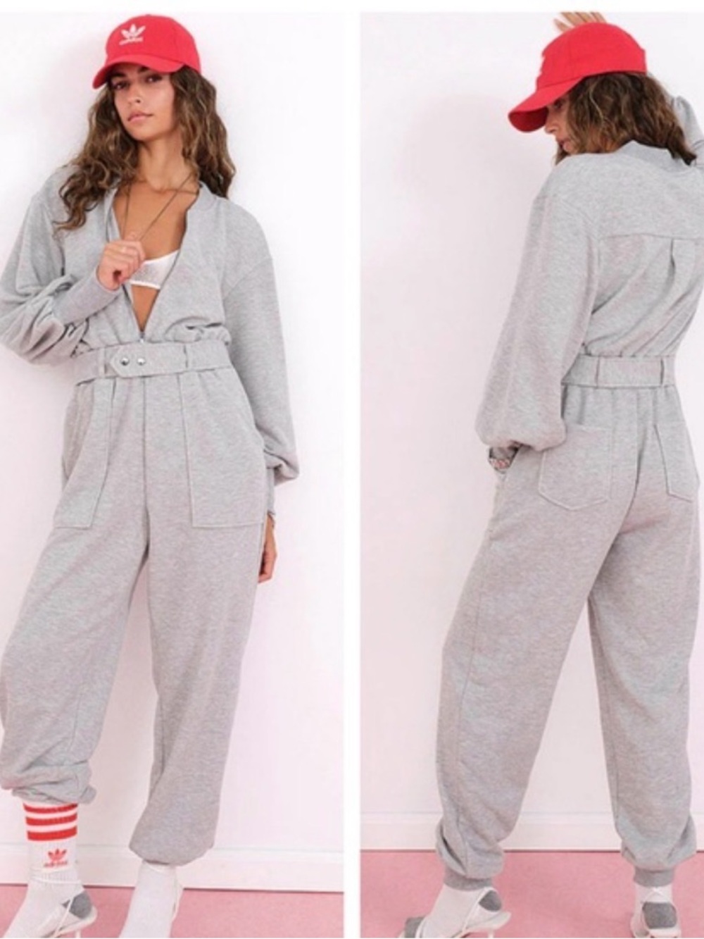 For Love & Lemons Heather Gray Zip-Up Jumpsuit